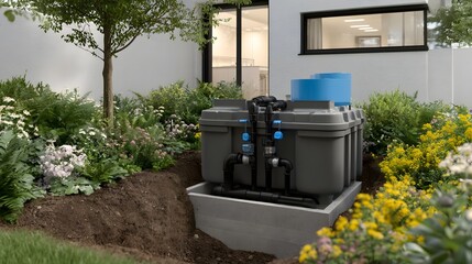 Obraz premium Modern gray rainwater storage tank installed outdoors surrounded by lush greenery and flowering plants near a contemporary house