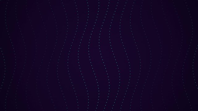 Abstract flowing wave of small teal dots on dark purple background for technology or science concept, seamless loop motion.