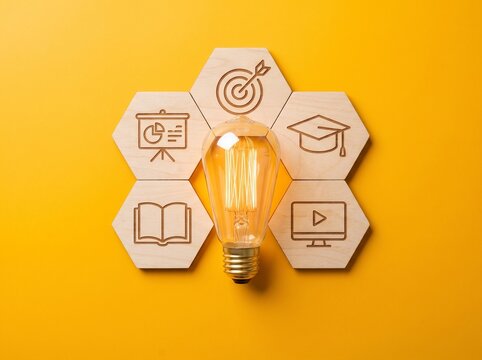 Light Bulb with Wooden Hexagon Tiles Featuring Education and Business Icons on Yellow Background