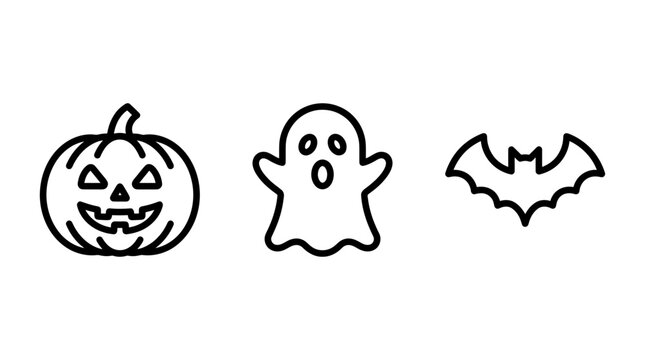 Halloween icon set featuring pumpkin ghost and bat line art halloween celebration decoration minimalist collection seasonal tradition