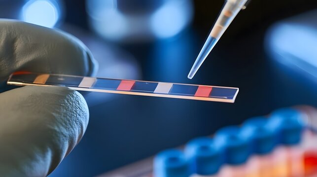 A gloved hand holds a diagnostic strip while a pipette dispenses liquid for analysis under cool blue lighting