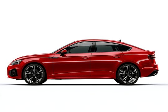 Side view of a sleek red luxury sedan car isolated on white background