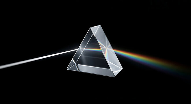 Transparent Glass Prism with Rainbow Refraction on Black Background