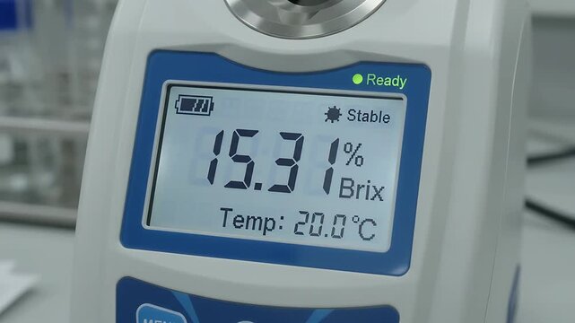 Refractometers Displaying Brix Readings and Temperature, Showing Subtle Numerical Changes Over Time. Scientific Measurement Equipment.