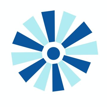 A cool-blue geometric starburst emblem in cobalt and icy cyan pops twelve angular ray blocks outward then rotates ninety degrees in sharp steps on a solid white background