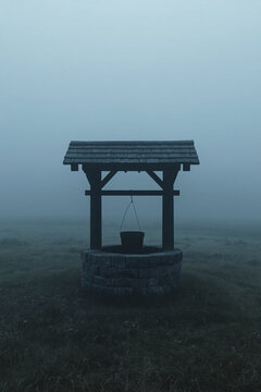 Old water well in a misty meadow at dusk &mdash; part of a folk horror and dark poetry series	