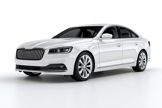 Sleek white executive sedan car in bright studio lighting front angle view 3d render
