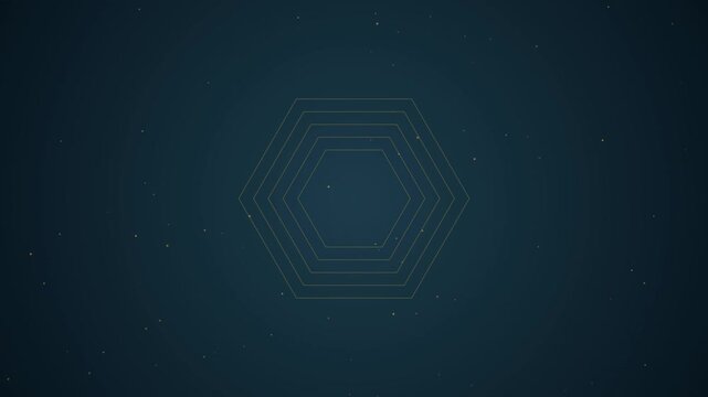 Hexagon shape moving in different size motion graphic on dark blue background with small golden particles seamless loop, perfect for abstract backdrops.