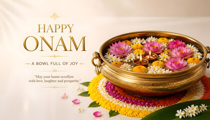 Naklejka premium Onam celebration with traditional brass Uruli filled with pink lotus, jasmine flowers and glowing diyas symbolizing home prosperity illustration background design