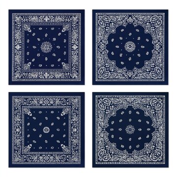 Set of four navy blue and white bandana patterns with intricate paisley floral motifs