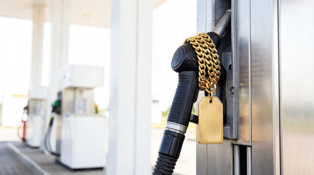 Gasoline pump nozzle wrapped in gold jewelry chain with price tag. Concept of rising fuel cost and expensive energy. Economic crisis and inflation impact on transportation industry fuel.