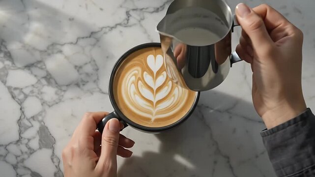 Latte Art Being Poured Into a Cup, Creating Intricate Designs with Milk Foam, Demonstrating a Barista's Skill.