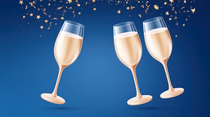 Fototapeta premium Three champagne glasses floating against deep blue with golden confetti stars celebrating New Year