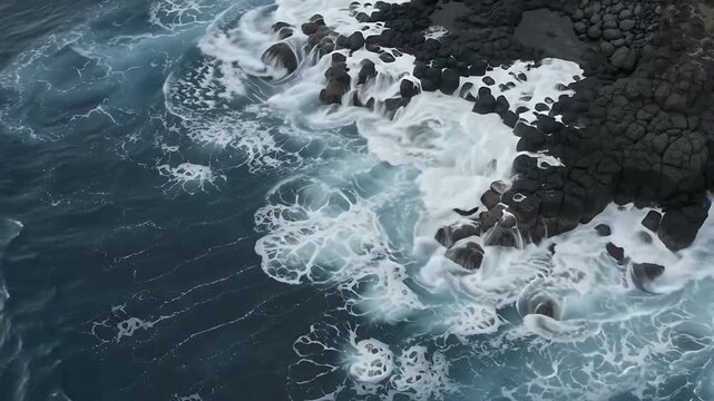 Ocean Waves Crashing Against Rocky Coastline, Showcasing Dynamic Water Movement and Coastal Erosion Over Time. Aerial View of Turbulent Sea.