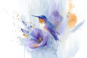 Naklejka premium Watercolor illustration of hummingbird with purple flower and golden accents in soft flowing composition, isolated on a white background