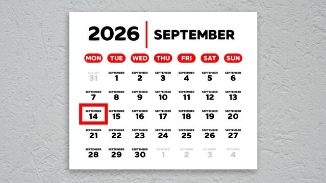 Red cursor highlighting September 14th on a 2026 wall calendar page