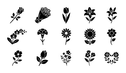 Fototapeta premium Elegant Floral Icons Set, Botanical Vector Graphics, Delicate Flower Illustrations, Romantic Rose and Tulip Designs, Nature Elements for Design