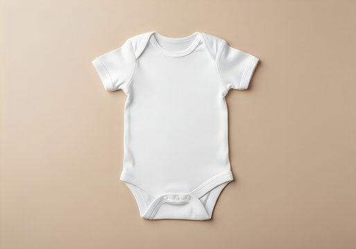 White baby bodysuit mockup flat lay on a beige background