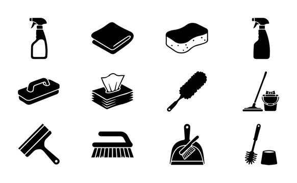 Household Cleaning Supplies Icons Set, Vector Graphics for Home Maintenance and Hygiene, Black and White Tools Collection