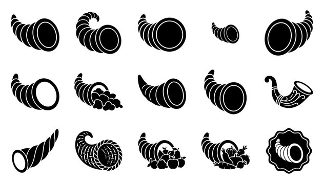 Collection of black and white cornucopia icons with various fillings and styles. Thanksgiving Cornucopia Icons Bundle