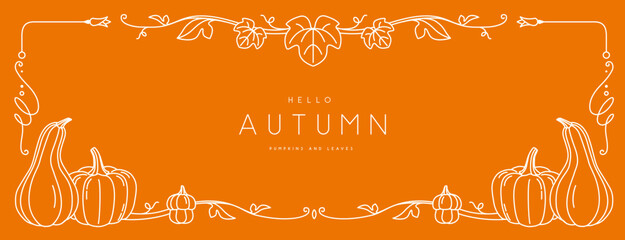 Fototapeta premium Seasonal autumn modern frame or holiday greeting card on orange background with pumpkins and floral elements. Line art vector illustration