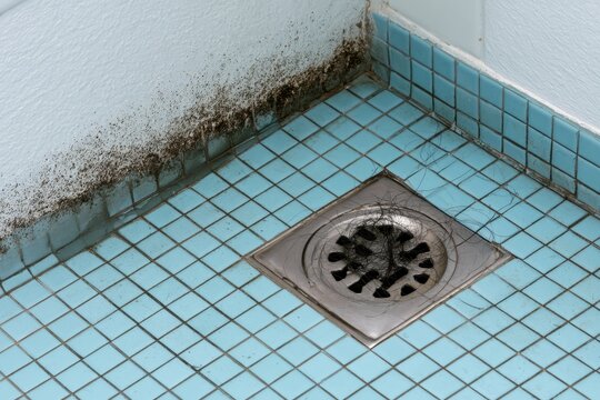Human hair strands clog stainless steel shower drain hole on tiled floor. Dirty grout lines suffer from water stagnation issues. Plumbing services and sewer blockage. Domestic Pipeline Maintenance.