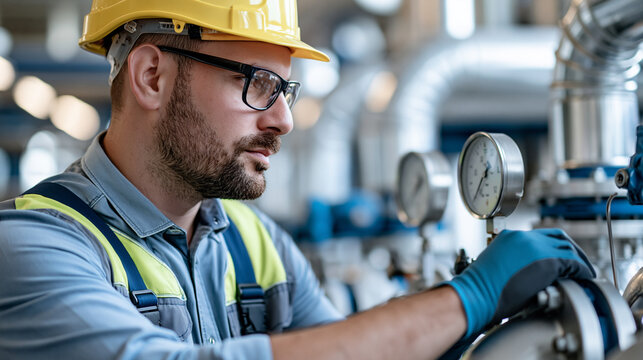 Industrial technician carefully inspecting pressure gauges and complex factory piping, preventive maintenance, manufacturing safety, industrial quality control, mechanical