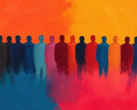 Diverse group of people standing in row against vibrant colorful abstract oil painting background representing unity and human connection