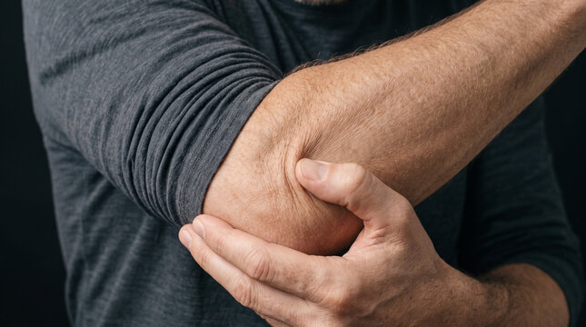 Retrato comercial de alta resoluci&oacute;n, encuadre ajustado en el brazo y el codo, mostrando a un adulto masajeando la parte exterior de su propio codo doblado con expresi&oacute;n de molestia