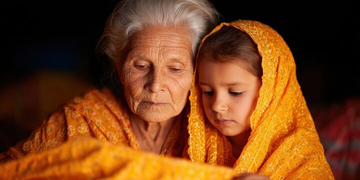 Elderly woman and young girl wearing traditional yellow headscarves looking down together representing intergenerational connection and cultural heritage
