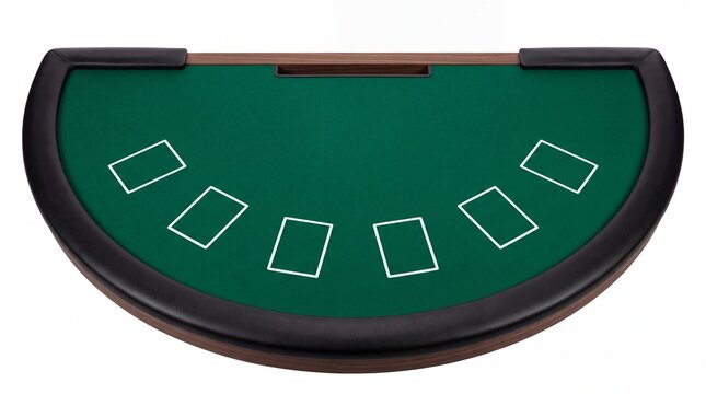Empty green felt professional blackjack casino table with black leather armrest and marked white card slots positioned on white background