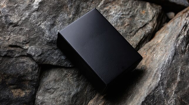 Elegant black box resting on textured natural stones for product presentation. Minimalist black rectangular box is artfully placed on rough, grey, brown stones, suggesting luxury and natural elements