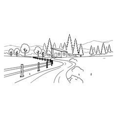 Fototapeta premium Rustic wooden cabin on a winding country road with forest