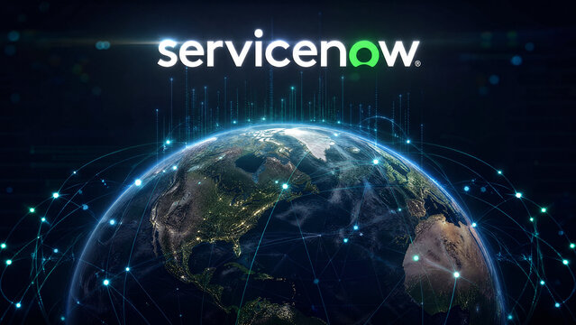Global Network of Connections Centered on Earth with ServiceNow Logo

