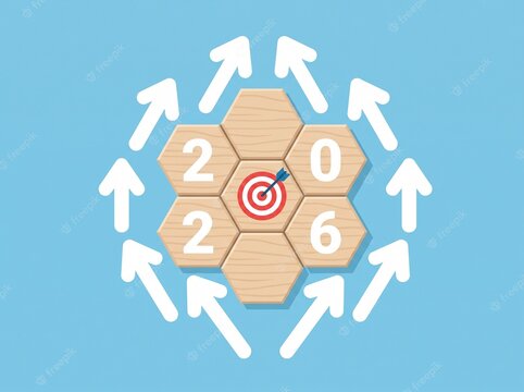 Business Concept for Year 2026 with Target Icon, Hexagonal Wooden Blocks, and White Arrows on Blue Background