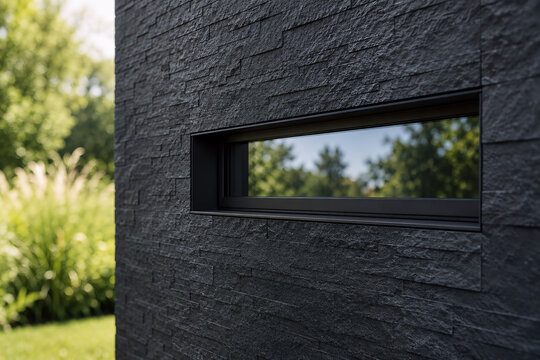 Dunkle Natursteinfassade mit schmalem Fenster an modernem Wohnhaus