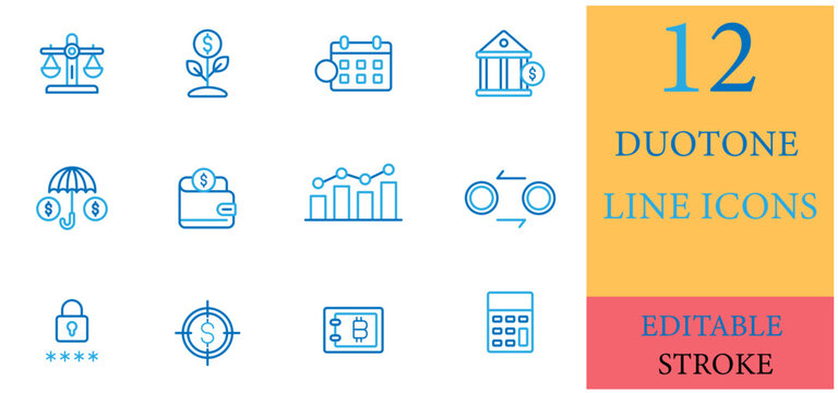 Modern blue line art icon set for financial services, accounting, and banking