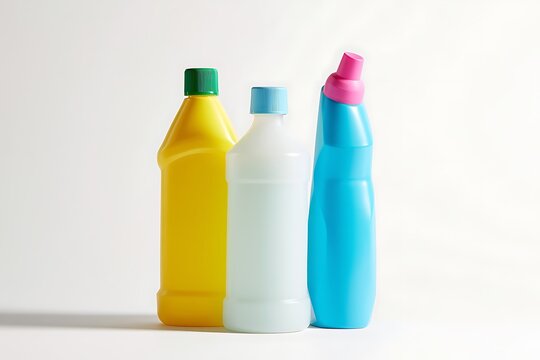 Three colorful cleaning product bottles tightly grouped together in yellow, white, and blue, isolated on white background