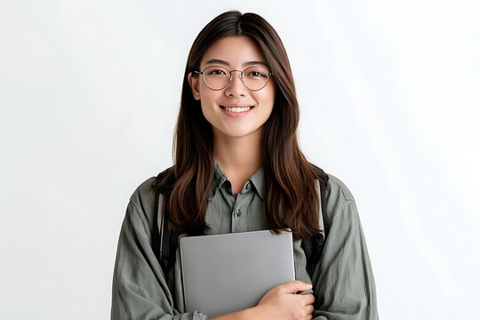 Portrait of smiling young woman with glasses holding laptop isolated on white background