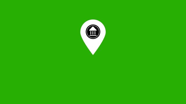 Bank location map pin animation on green screen for financial services and banking apps marker