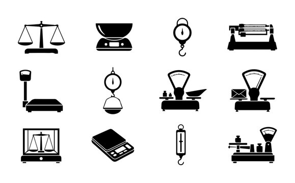 Diverse Scale Icons Vector Set: Balance, Digital, Spring, and Mechanical Weighing Instruments for Commerce and Science