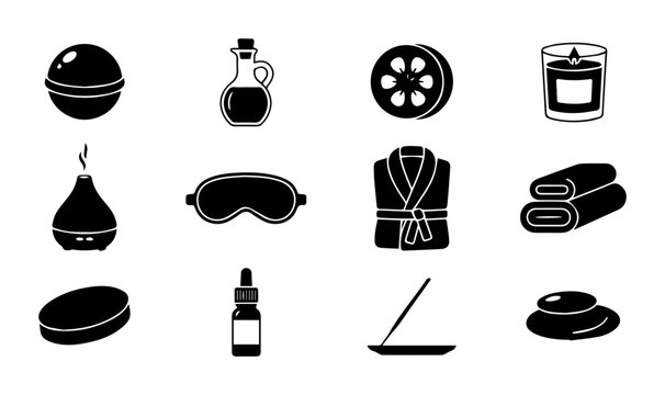 Spa And Wellness Icons Set, Relaxation And Self-Care Vector Graphics, Aromatherapy And Massage Elements, Bath Bomb And Towel Collection