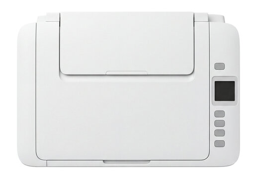 White inkjet printer in overhead top view with closed tray and blank switched off display panel isolated on transparent background