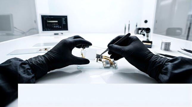 Technician repairing electronic device component in high-tech laboratory