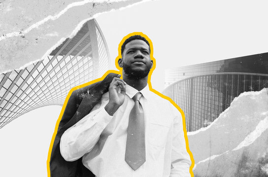 Confident Black Male Executive In Early Adulthood Holding Jacket Over Shoulder, Standing In Urban Setting With Modern Architecture In Background, Expressing Professionalism, Business Concept.