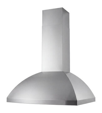 Stainless steel chimney range hood with dome canopy and vertical duct, kitchen extractor unit isolated on transparent background