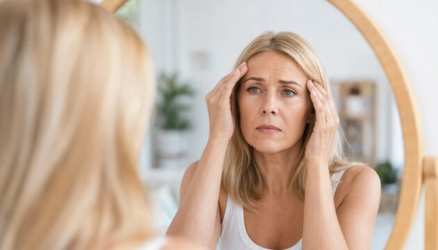 Middleaged woman touching her forehead while looking at herself in the mirror