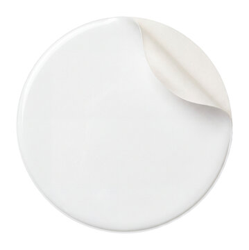 Round white blank sticker with curled peeling corner, glossy circle adhesive label isolated on transparent background