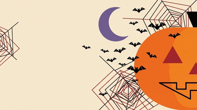 Minimal Halloween background with giant jack o lantern pumpkin, flying black bats, crescent moon and geometric spiderwebs on warm cream copy space