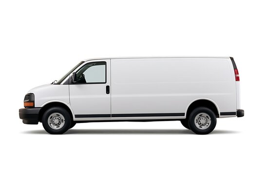 White delivery cargo van side view isolated on white background